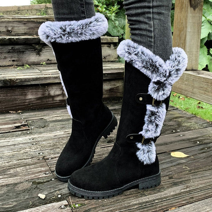 Georgina | Kuschelige kniehohe Kunstwildlederstiefel mit Fellbesatz und Schnallen