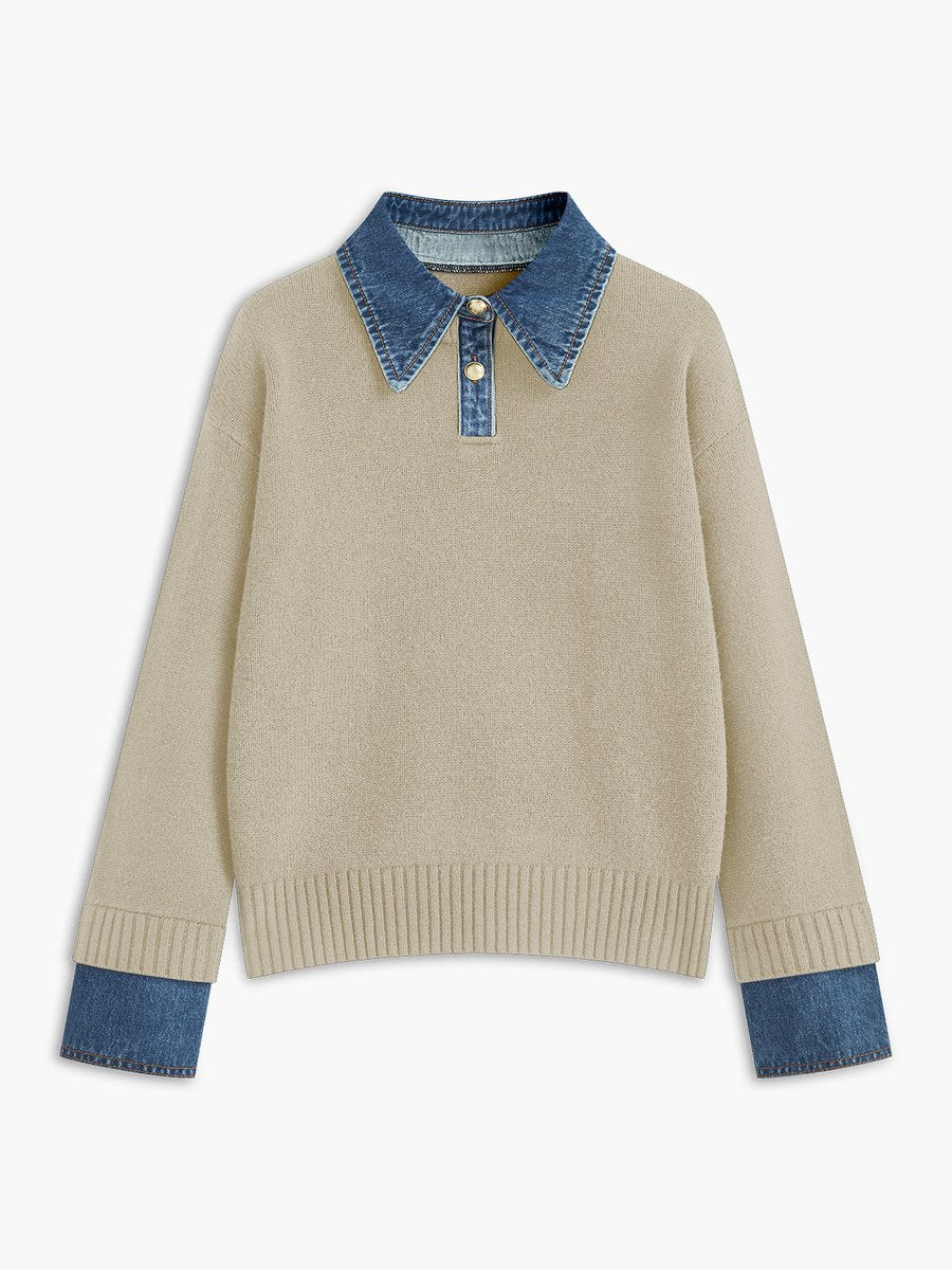 Victoria | Eleganter Damen Strickpullover Mit Denim-Kragen