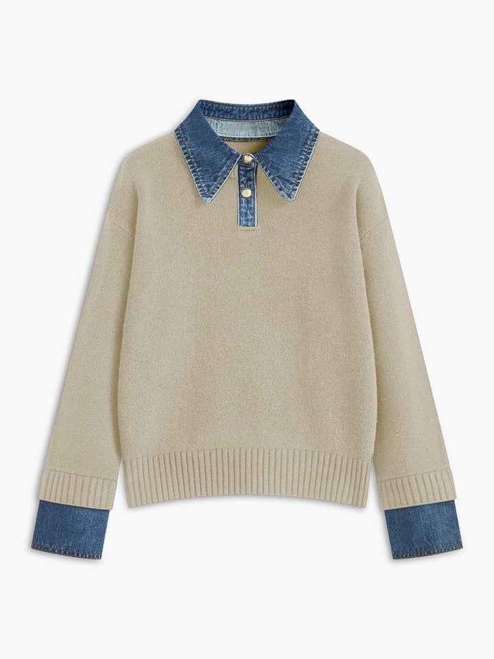 Victoria | Eleganter Damen Strickpullover Mit Denim-Kragen