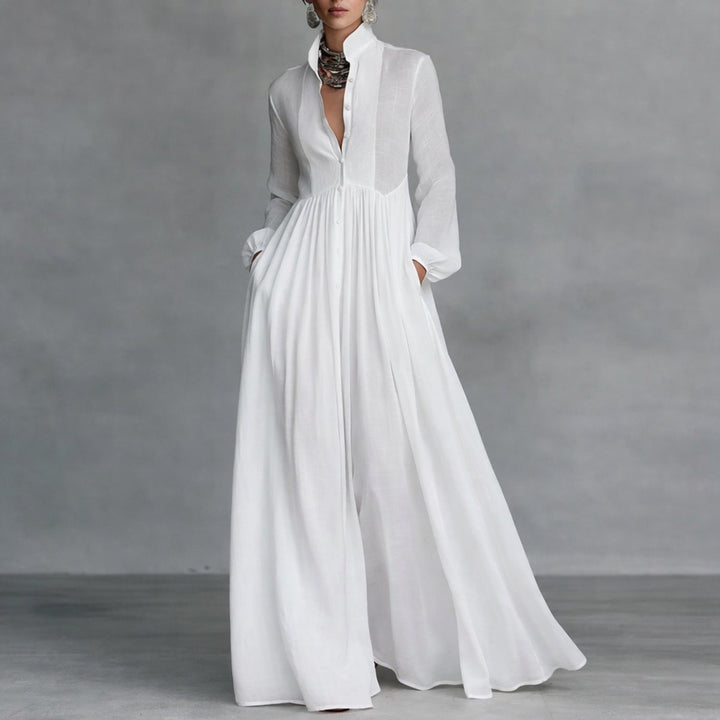 Marie | Elegantes Maxi-Hemdkleid mit Stehkragen und langen Ärmeln