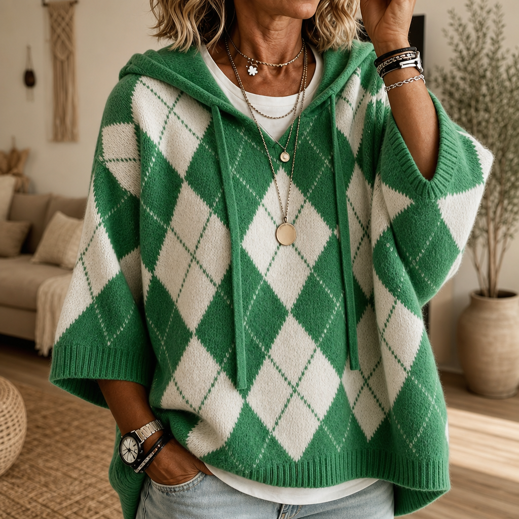Wrapbella | Hooded Argyle Poncho Sweater – Bequemer Stil für jeden Tag