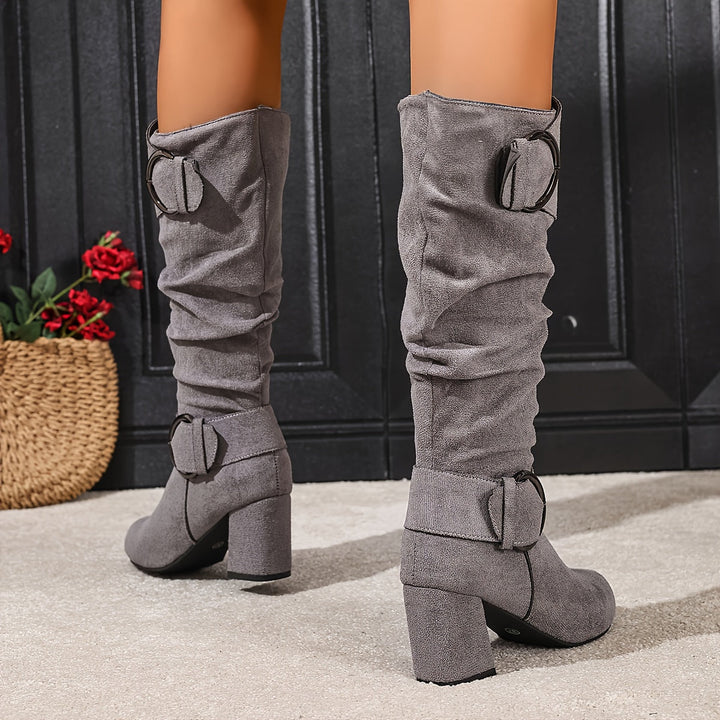 Camille | Moderne kniehohe Stiefel mit Blockabsatz und Schnallendetails