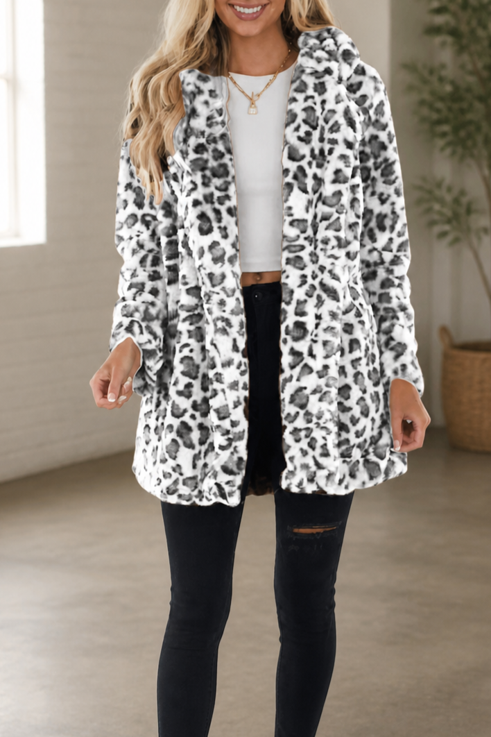 Leora | Leopard Print Faux Fur Coat – Elegantes Open-Front-Design für Frauen