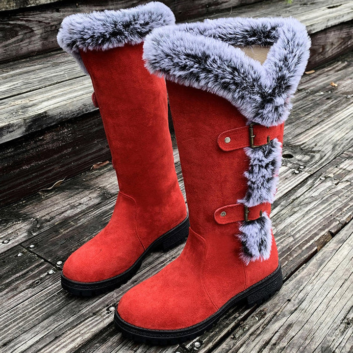 Georgina | Kuschelige kniehohe Kunstwildlederstiefel mit Fellbesatz und Schnallen