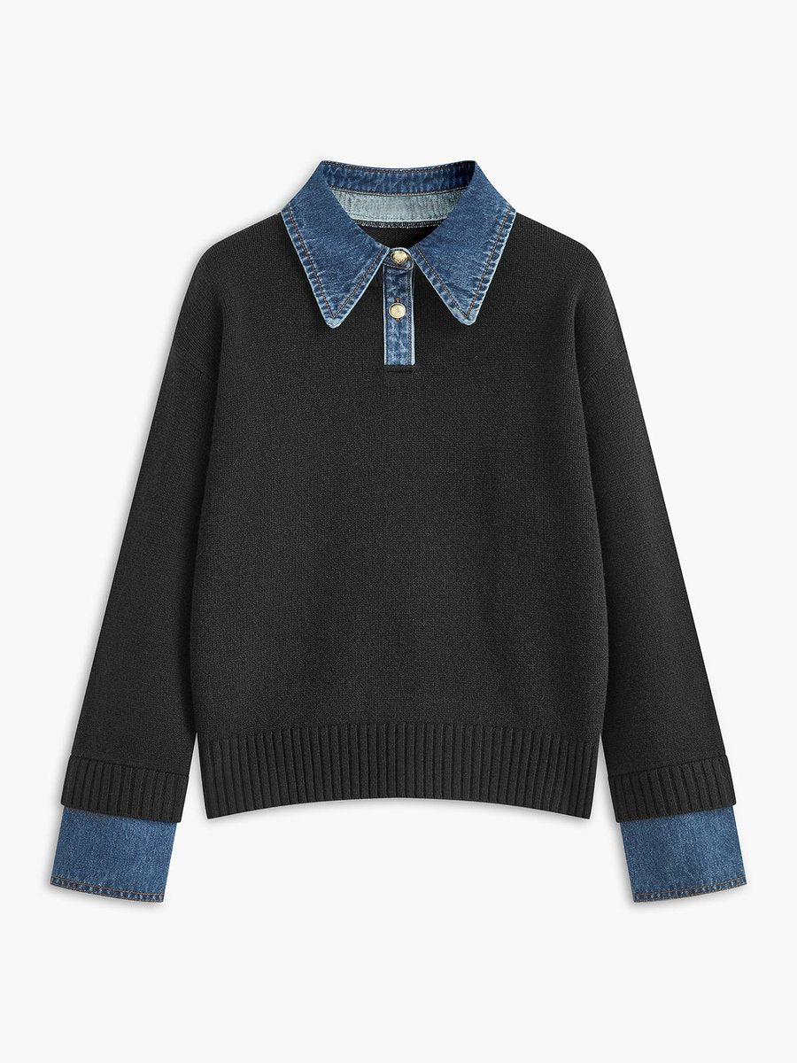Victoria | Eleganter Damen Strickpullover Mit Denim-Kragen
