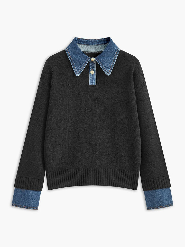 Victoria | Eleganter Damen Strickpullover Mit Denim-Kragen