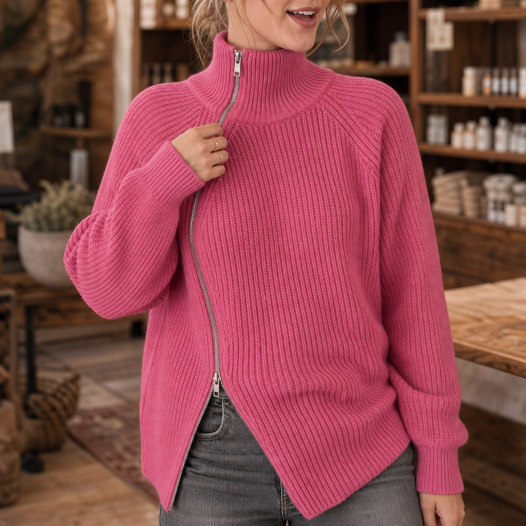 Wearbella | Asymmetrischer Reißverschluss Rippenstrickpullover