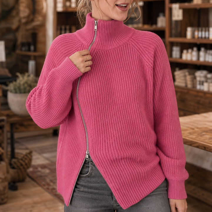Wearbella | Asymmetrischer Reißverschluss Rippenstrickpullover