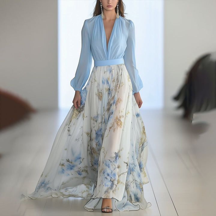 Chloe | Elegant Kleid mit langen Ärmeln und floralem Chiffon-Maxirock