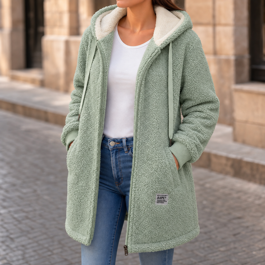 Veloura | Hooded Mid-Length Faux-Shearling Jacket für Frauen