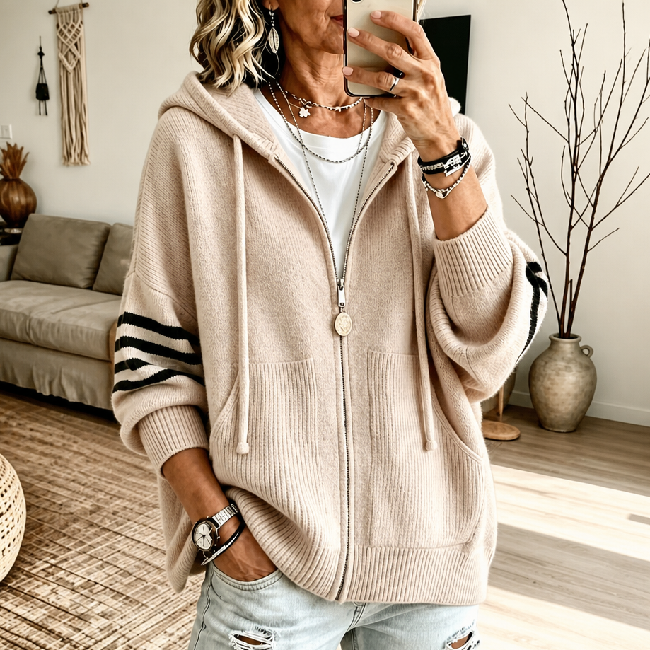 Wearbella | Zip Hoodie – Striped-Sleeve Drop-Shoulder Style