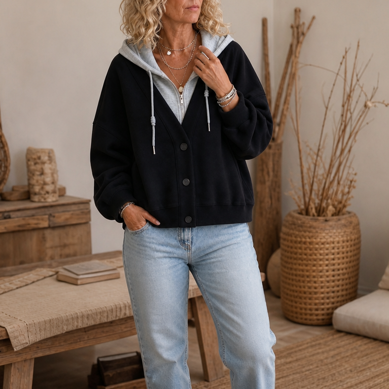 Layerelle | Faux-Layer V-Neck Hoodie – Bequem und Stilvoll für Damen