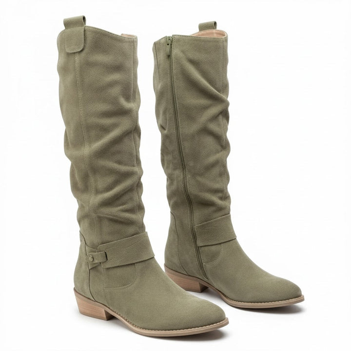 Zara | Elegante kniehohe Slouch-Stiefel mit niedrigem Blockabsatz
