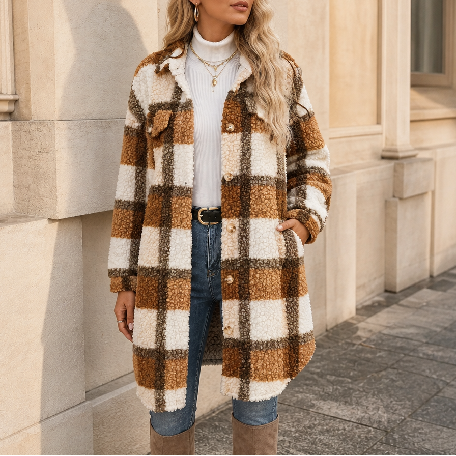 Fairloch | Mid-Length Coat mit Karo-Muster und Sherpa-Futter
