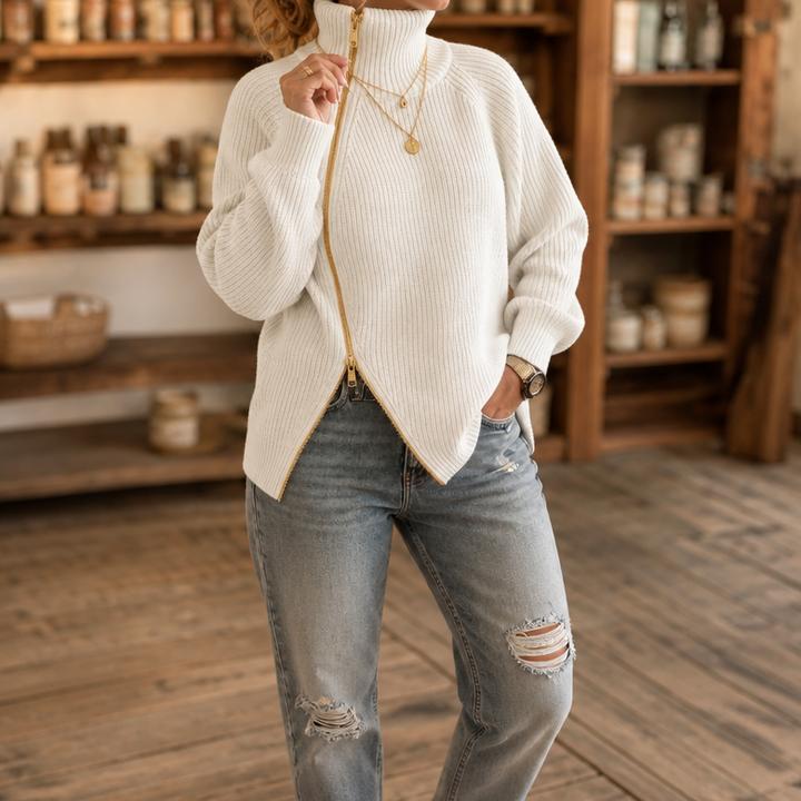 Wearbella | Asymmetrischer Reißverschluss Rippenstrickpullover