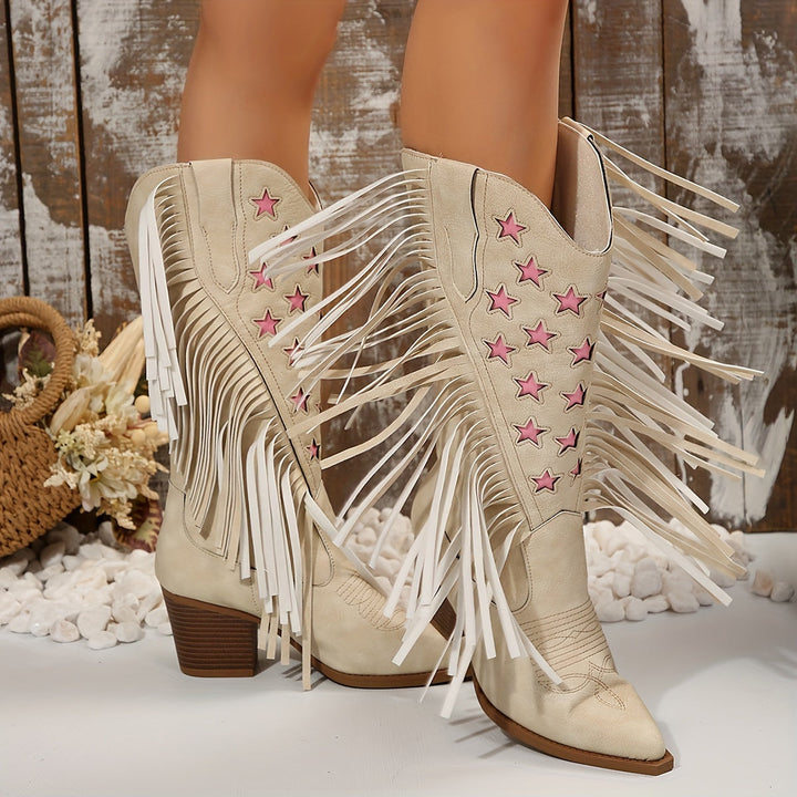 Janina | Stylische Cowboy-Stiefel mit Fransen und Sternen