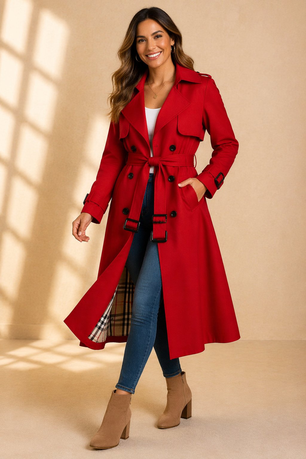 Morgan | Langer Zweireihiger Trenchcoat Mit Taillengürtel