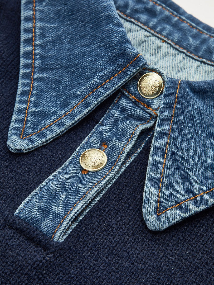 Victoria | Eleganter Damen Strickpullover Mit Denim-Kragen