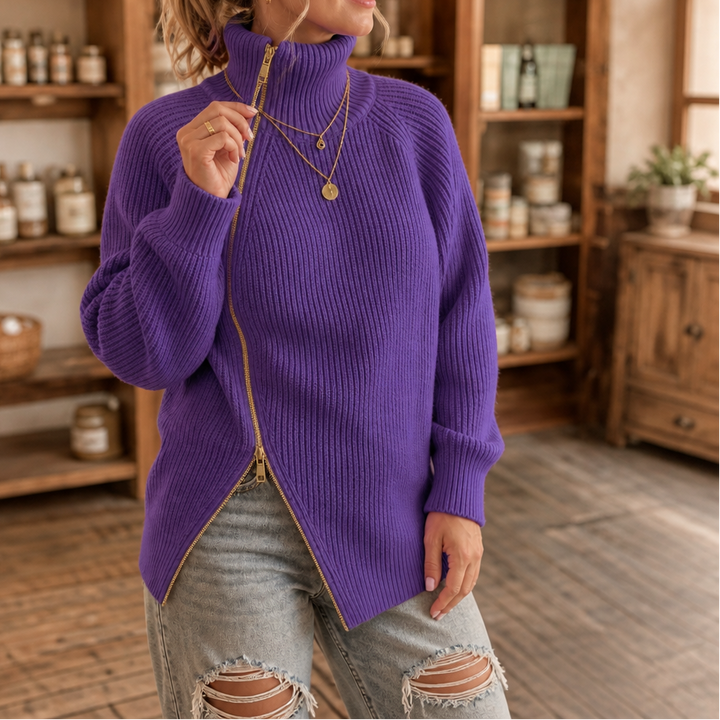 Wearbella | Asymmetrischer Reißverschluss Rippenstrickpullover
