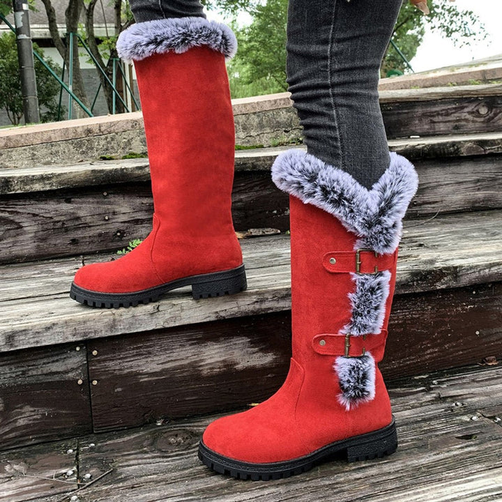 Georgina | Kuschelige kniehohe Kunstwildlederstiefel mit Fellbesatz und Schnallen
