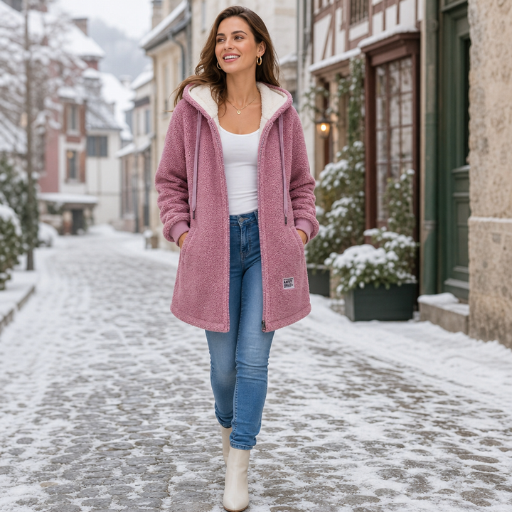 Veloura | Hooded Mid-Length Faux-Shearling Jacket für Frauen