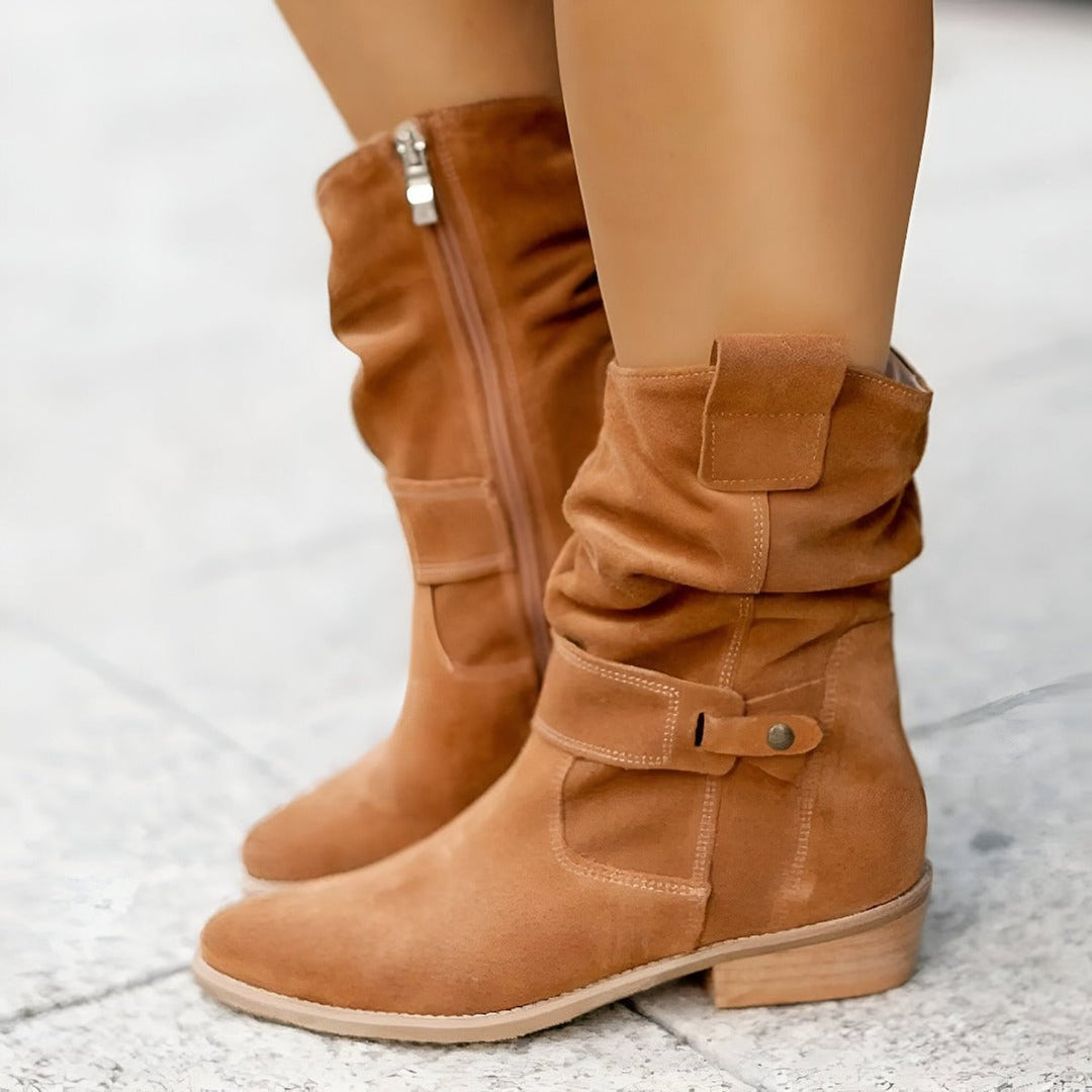 Astrid | Weiche Kniehohe Kunstwildlederstiefel mit Blockabsatz