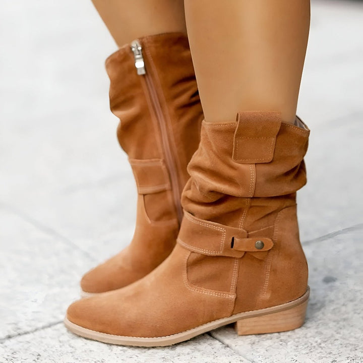 Astrid | Weiche Kniehohe Kunstwildlederstiefel mit Blockabsatz