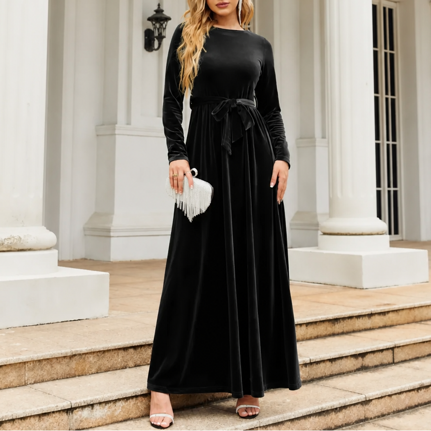 Velvora | A-Line Maxi Dress aus Samt – Elegantes Design mit Taillengurt für besondere Anlässe