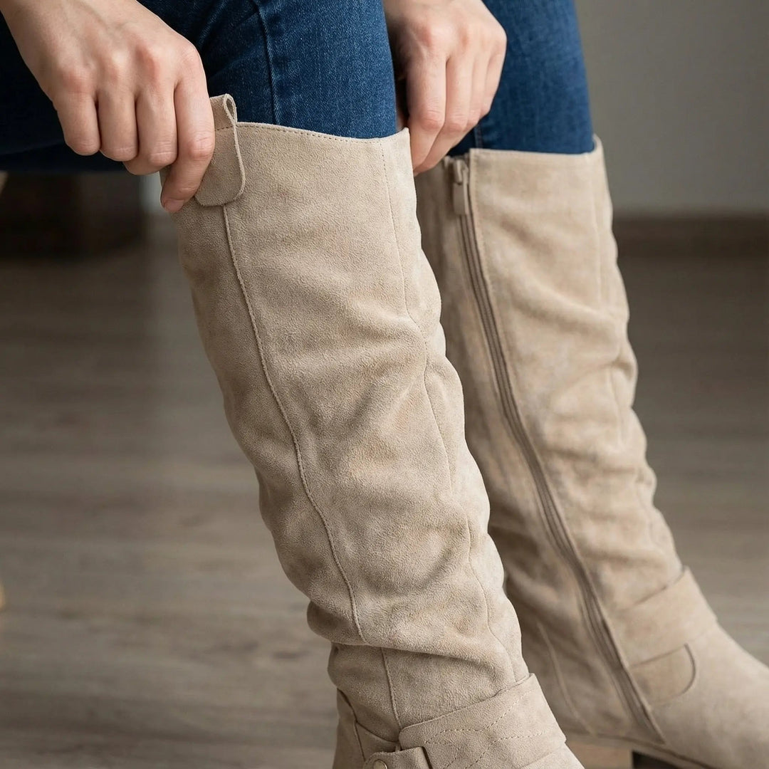 Zara | Elegante kniehohe Slouch-Stiefel mit niedrigem Blockabsatz