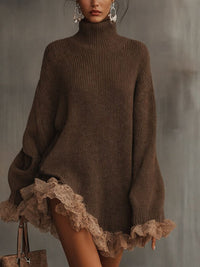 Isabella | Women's Turtleneck Knit Dress with Delicate Lace Ruffles