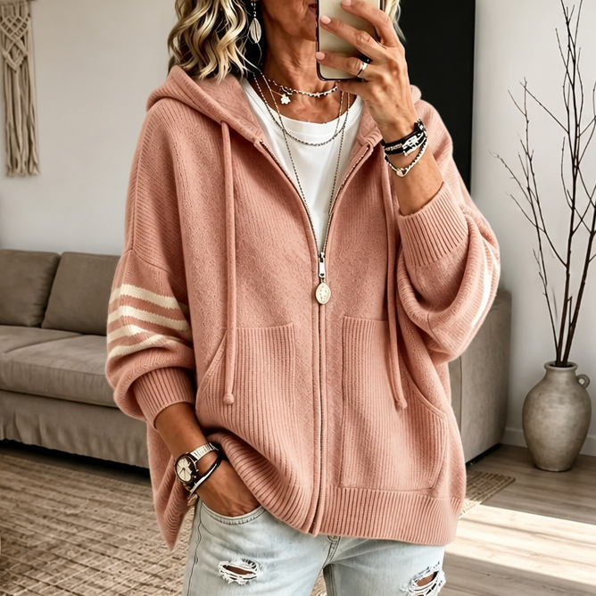 Wearbella | Zip Hoodie – Striped-Sleeve Drop-Shoulder Style