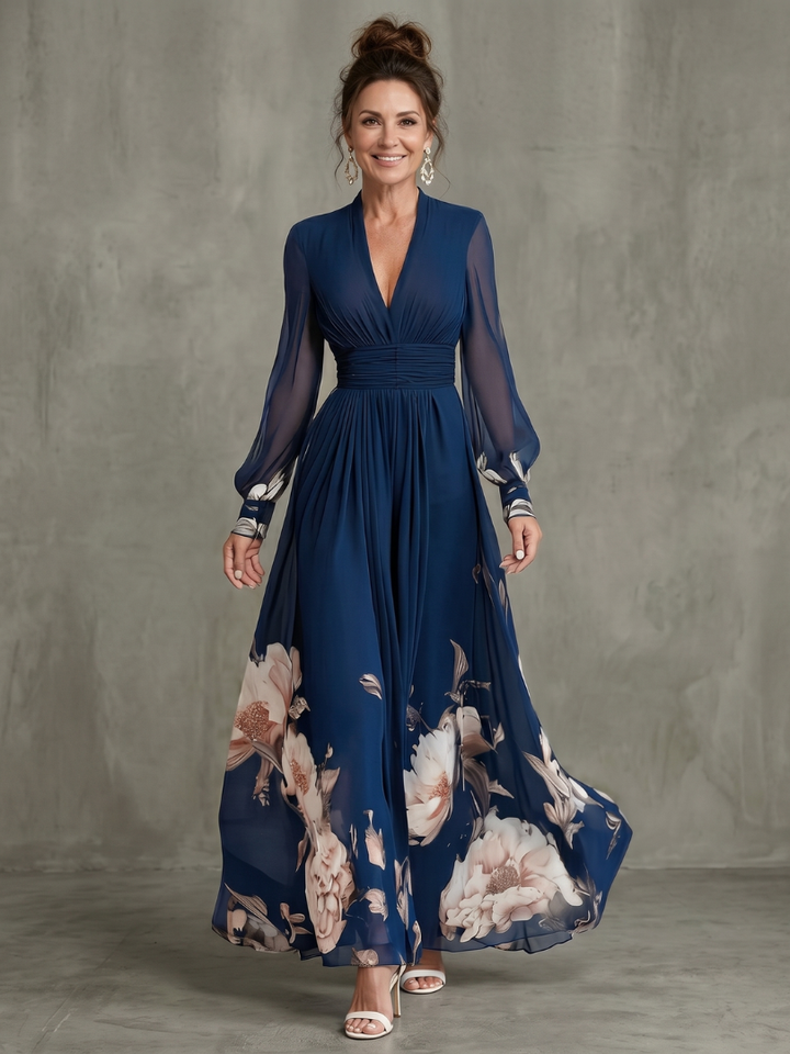 Ziva | Maxi Dress – Elegante Plissierte Sheer Ärmel