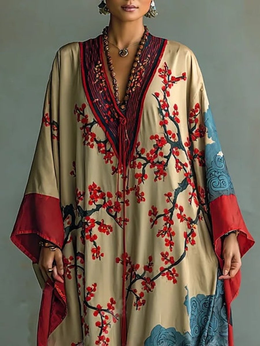 Mila | Künstlerisches Blumen-Maxikleid mit Fledermausärmeln und langen Ärmeln