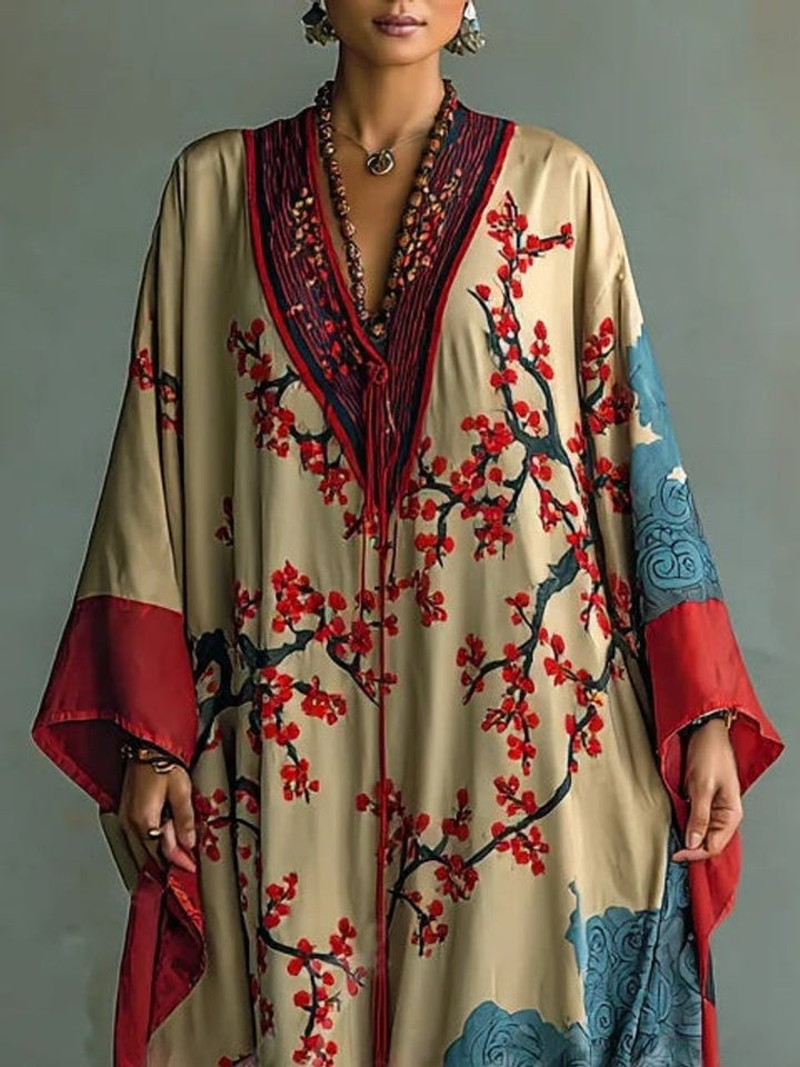 Mila | Künstlerisches Blumen-Maxikleid mit Fledermausärmeln und langen Ärmeln