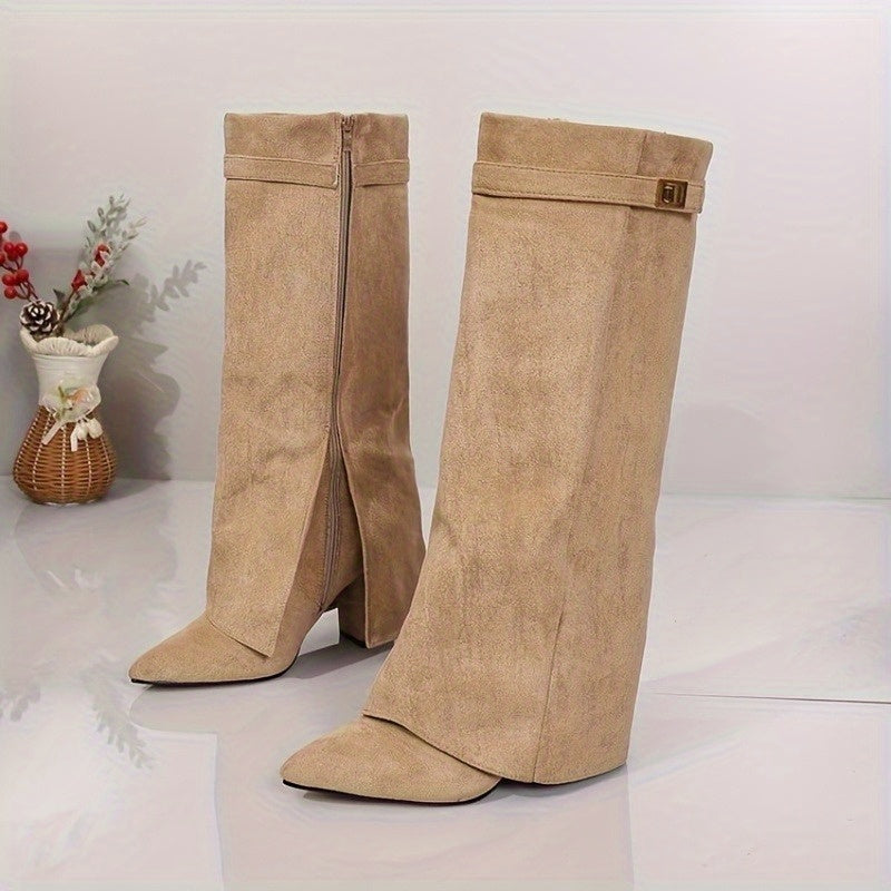 Megan | Elegante kniehohe Stiefel mit spitzer Schuhspitze und Schnallendetail
