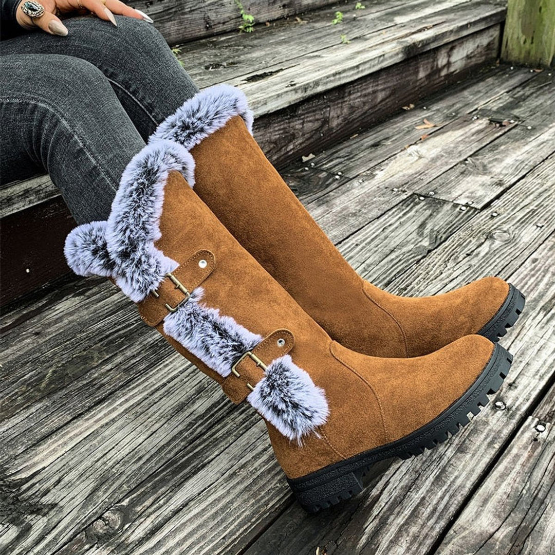 Georgina | Kuschelige kniehohe Kunstwildlederstiefel mit Fellbesatz und Schnallen