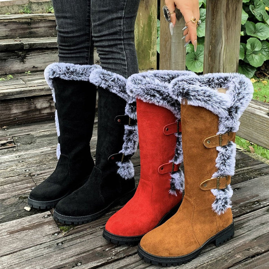 Georgina | Kuschelige kniehohe Kunstwildlederstiefel mit Fellbesatz und Schnallen