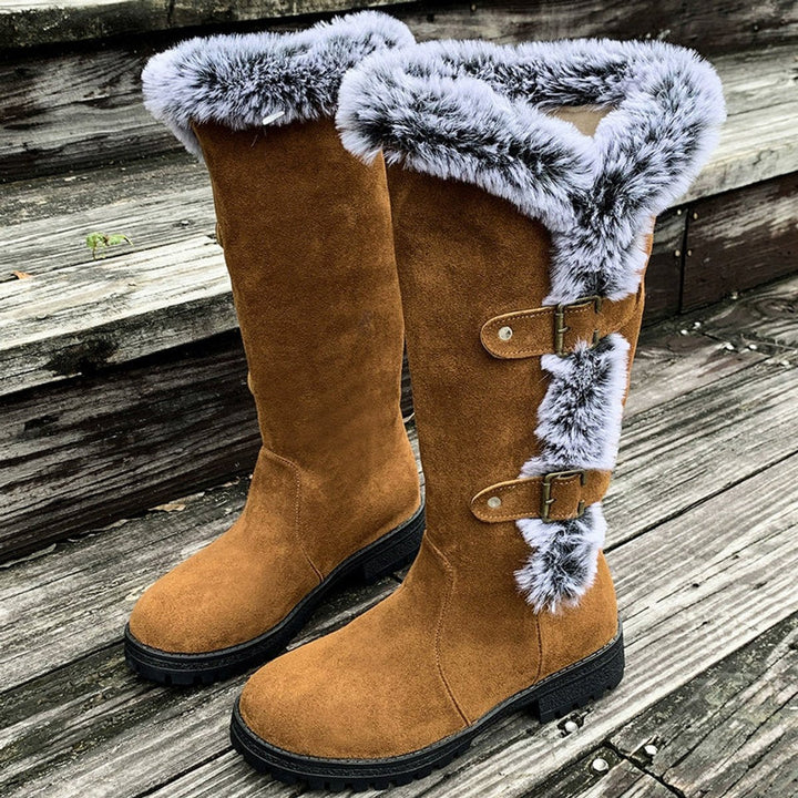 Georgina | Kuschelige kniehohe Kunstwildlederstiefel mit Fellbesatz und Schnallen