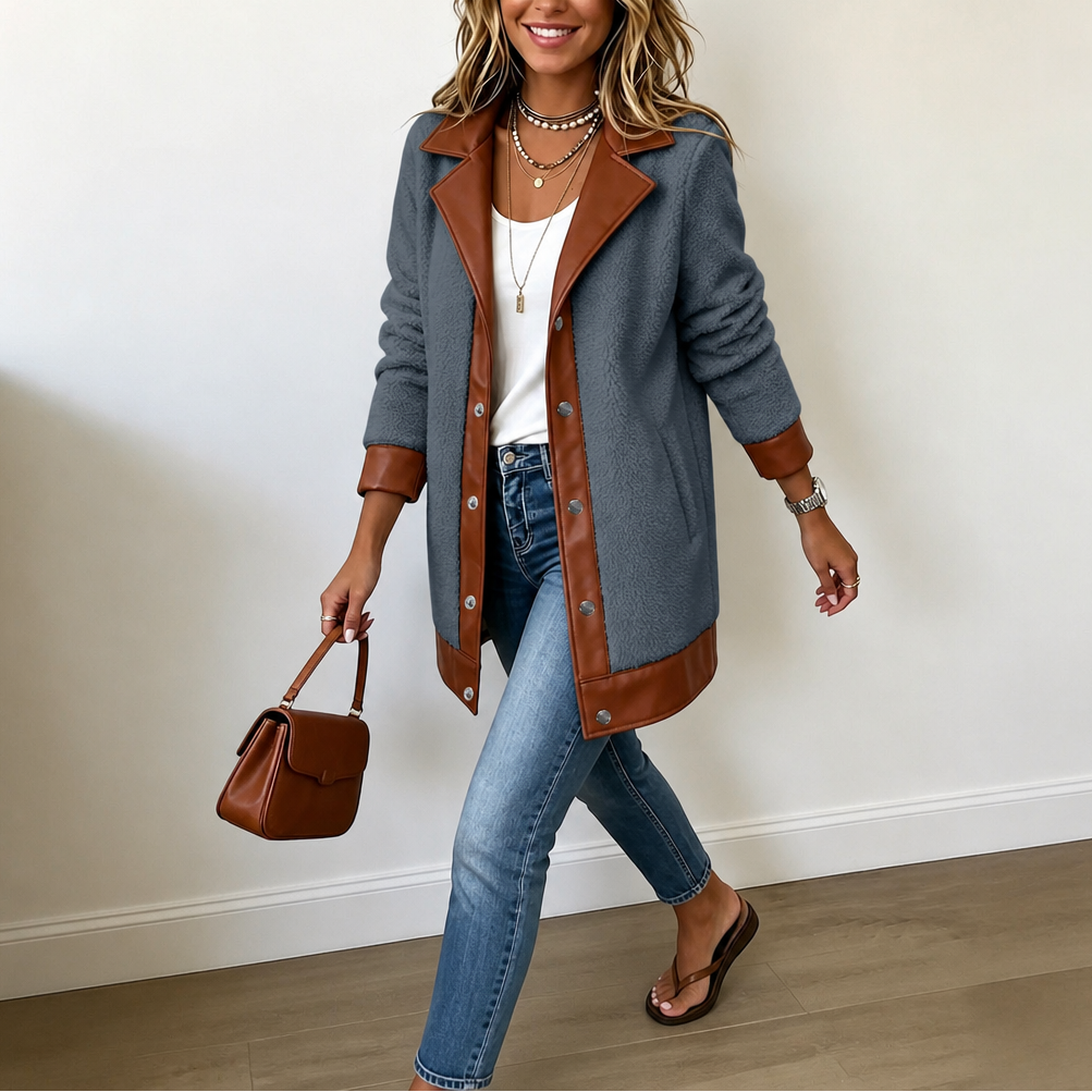 Plushlynn | Teddy Coat mit Kunstlederbesatz für Frauen
