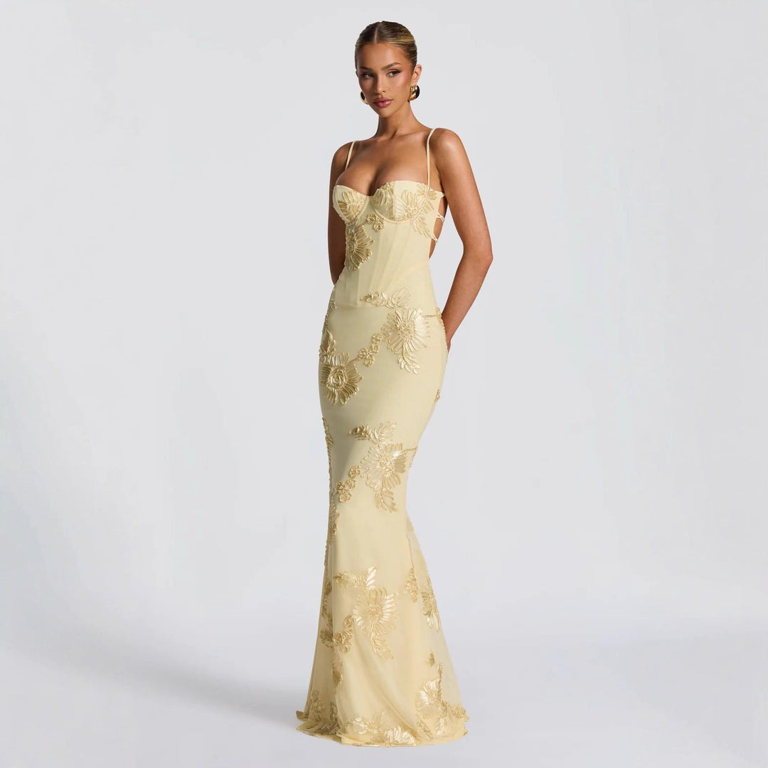 Aelara | Maxikleid Sommer Elegante Figurbetonte Silhouette Blumenapplikationen 0