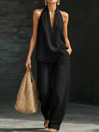 Melanie | Stilvolles Denim-Set mit V-Ausschnitt und weitem Bein