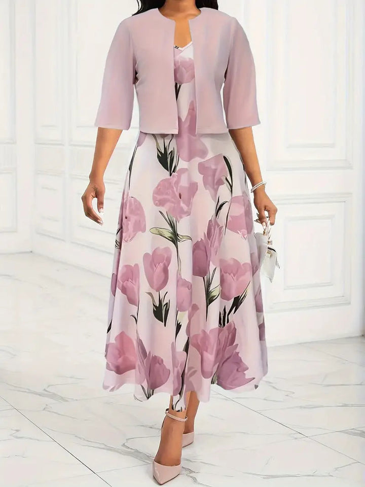 Celia | Elegantes Damen Maxikleid Sommer mit Romantischem Blumendruck & Jacke 0