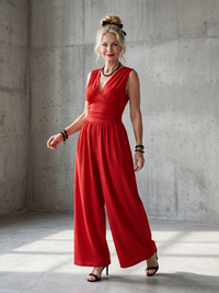 Agnes | Eleganter V-Ausschnitt Overall mit fließendem weitem Bein
