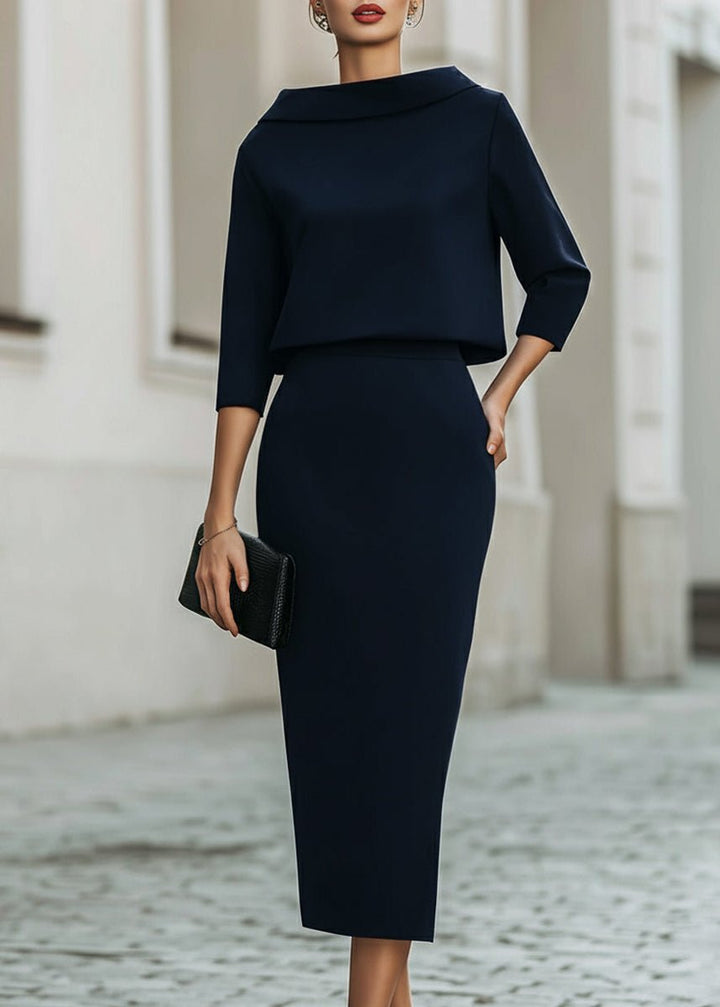 Clara | Elegantes Damen Set – Zeitloses Twinset mit U-Boot-Ausschnitt & Midi-Rock 2