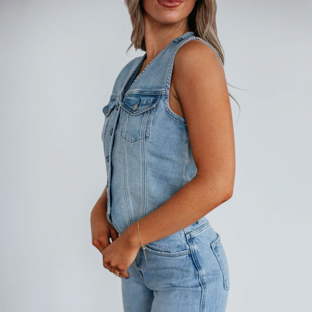 Damen Denim Weste mit Knopfleiste und modernen Schnittrahmen Drune 2