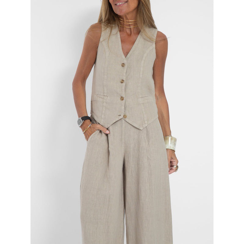 Damen elegantes Leinen-Weste mit Knopfdetaillierung Drune 0