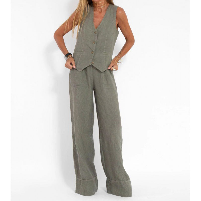 Damen elegantes Leinen-Weste mit Knopfdetaillierung Drune 7