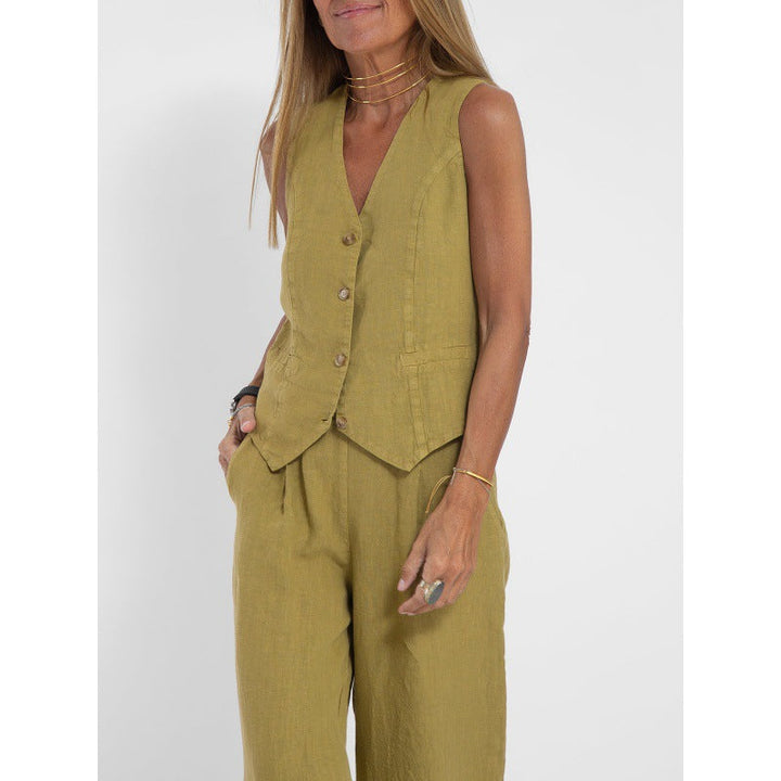 Damen elegantes Leinen-Weste mit Knopfdetaillierung Drune 8