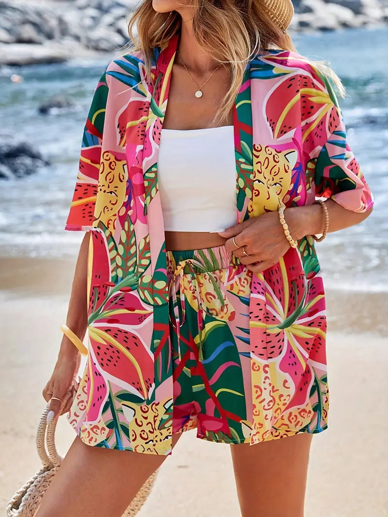 Galia | Atmungsaktives, Leichtes Kimono-Set mit Blumenmuster und Shorts 6
