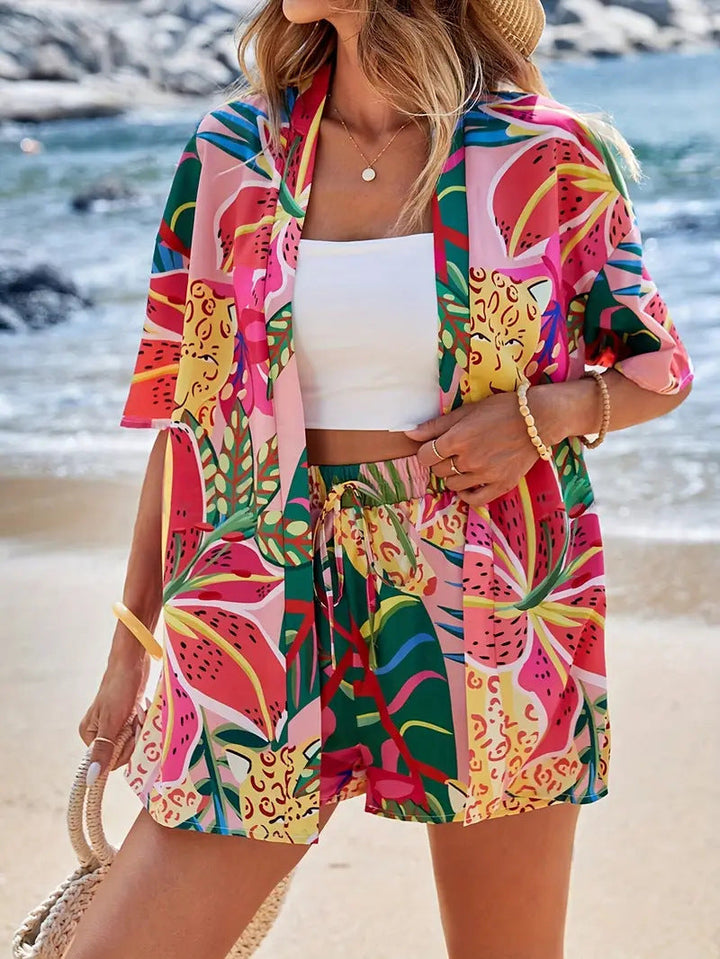 Galia | Atmungsaktives, Leichtes Kimono-Set mit Blumenmuster und Shorts 6